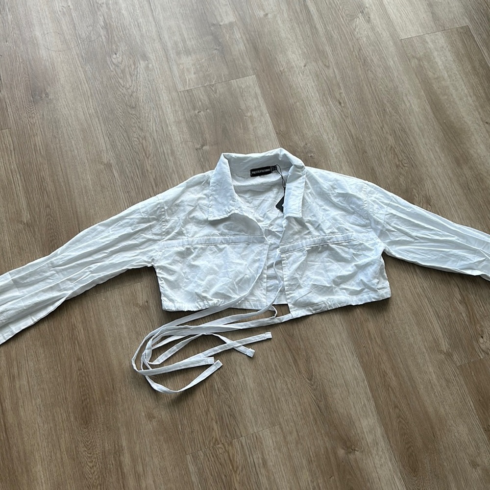 COPY - White woven ruched front detail cropped collared shirt